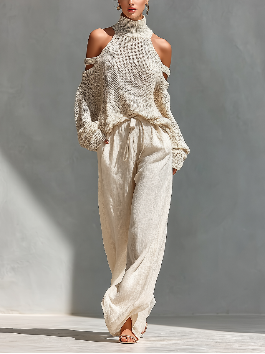 Elyzia | Trouser Set With Knitted Cold Shoulder Top