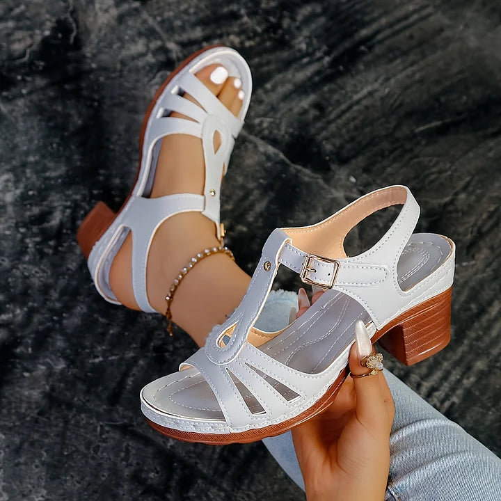 Leanna - Block Heel T Strap Buckle Sandals