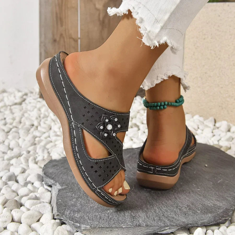 Kristine | Flower Detail Cut-Out Wedge Sandals