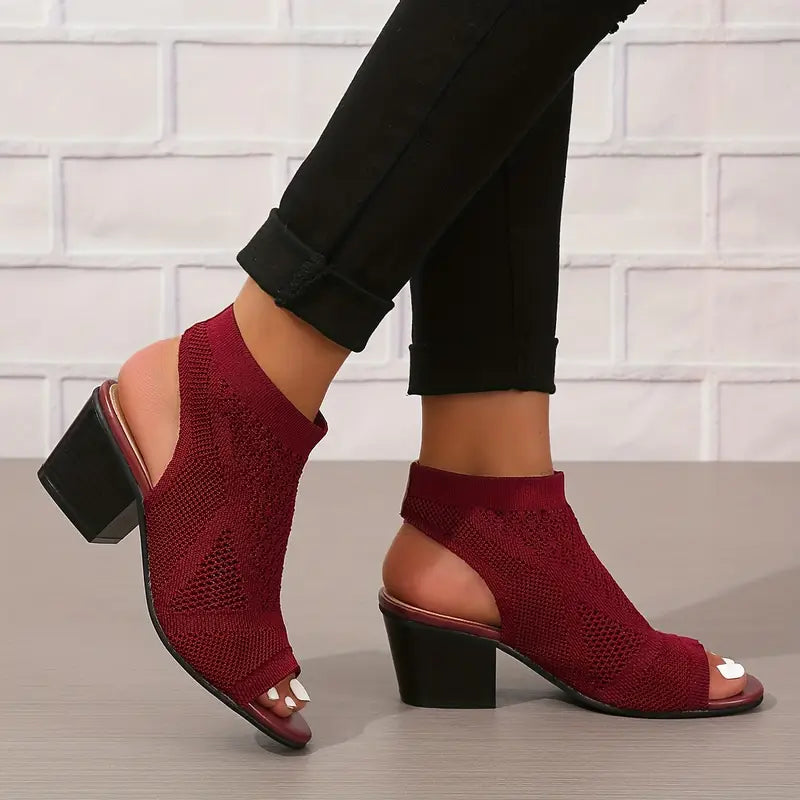 Velina | Black Knitted Peep Toe Block Heel Sandals