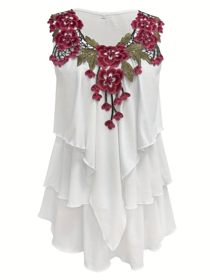 Verunka | Floral Trim V Neck Ruffle Blouse