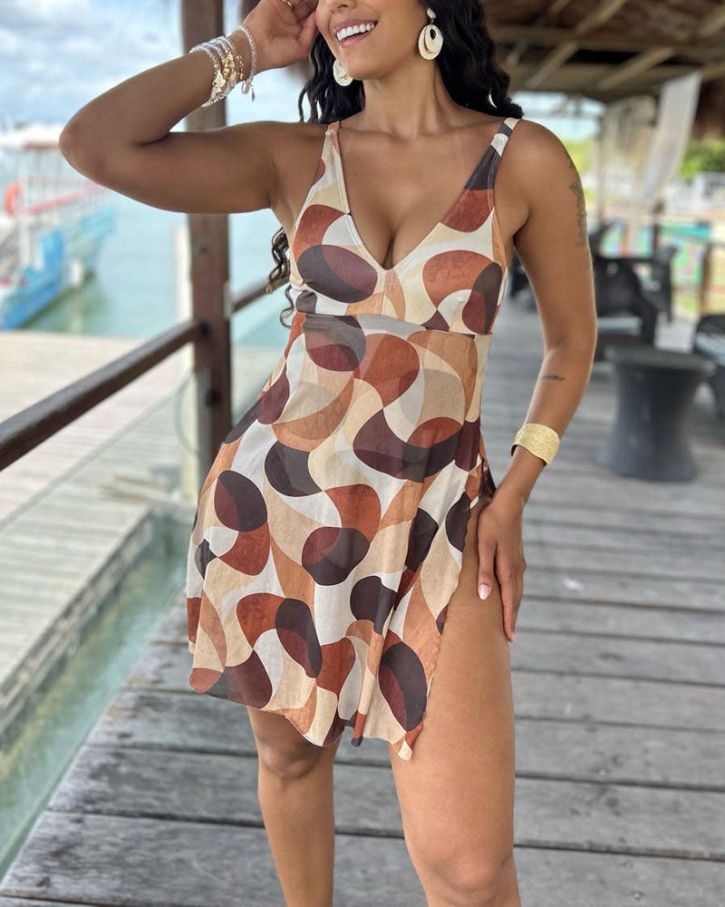 Rezeda | Printed V-Neck Swim Dress Set