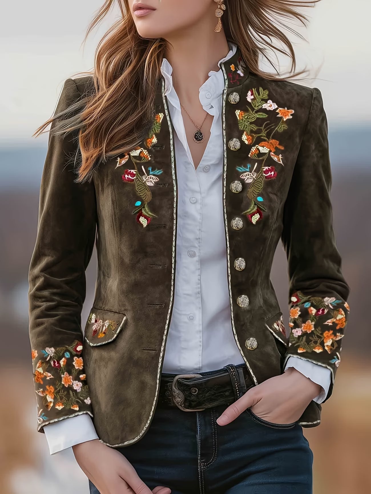 Anisaa | Embroidered Long Sleeve Stand Collar Jacket