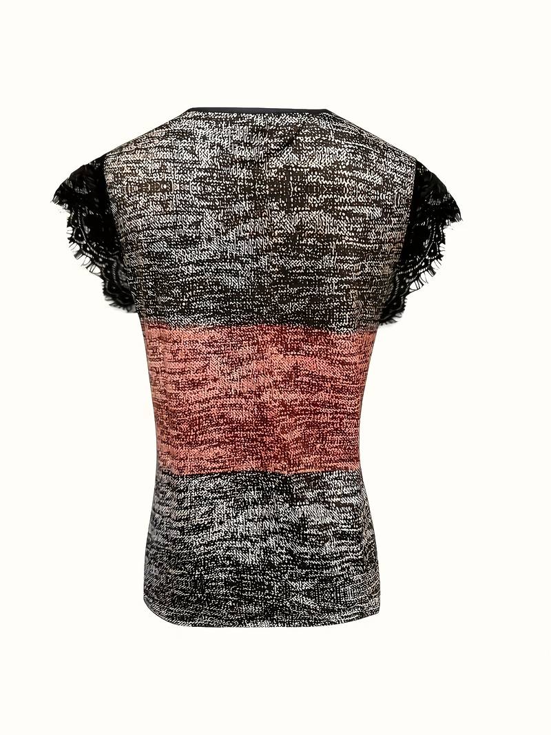Sydona | Short Sleeve Lace V-Neck Colour Block Top