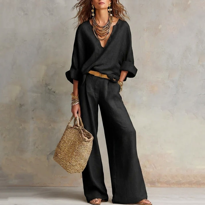 Ilaina - V Neck Wide Leg Trouser Set