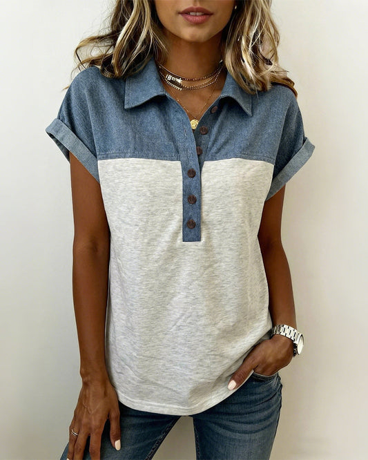 Myleena - Patchwork Polo T Shirt Short Sleeve