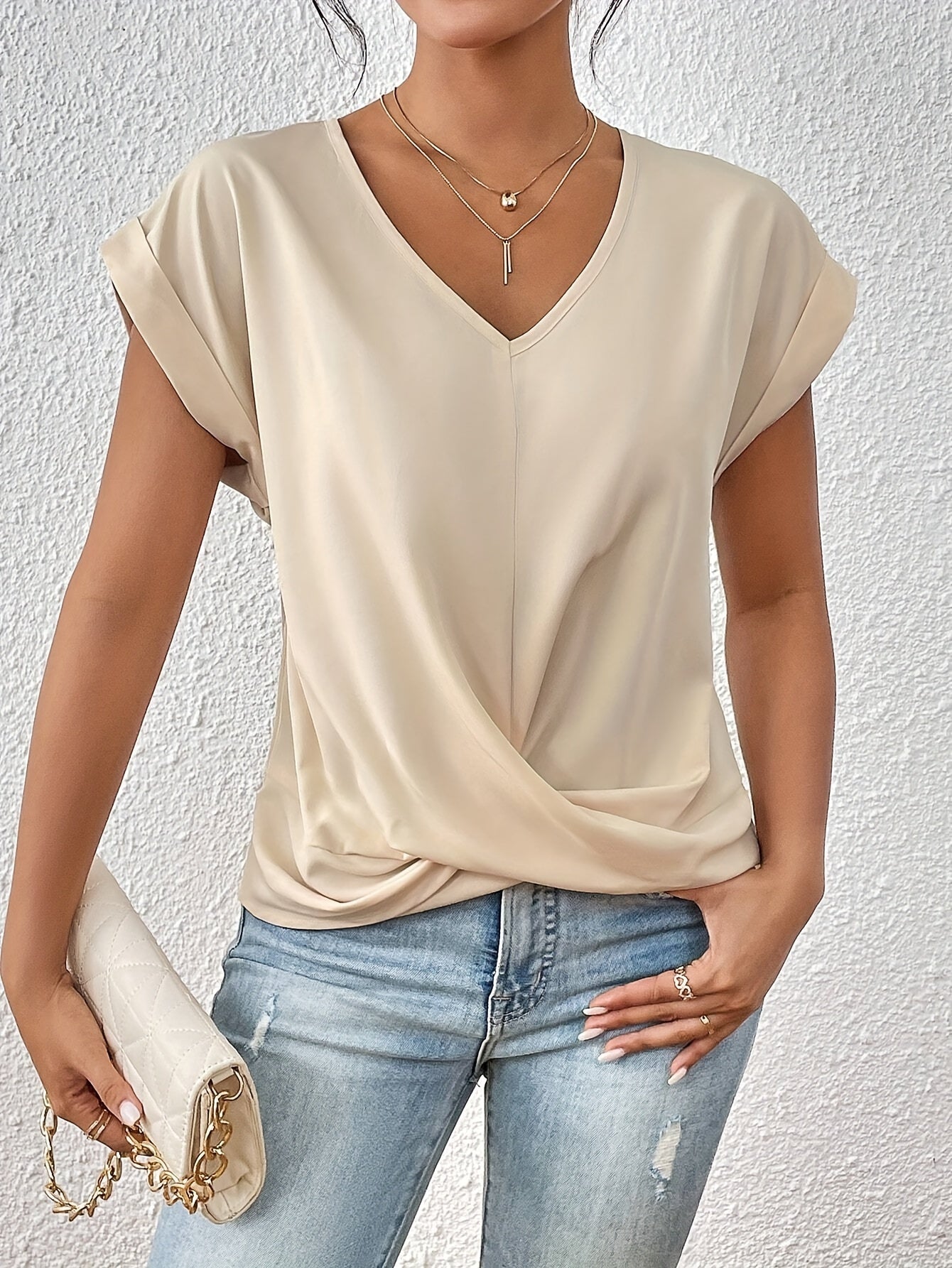 Tammana | Casual V-Neck Twist Front Short Sleeve Top