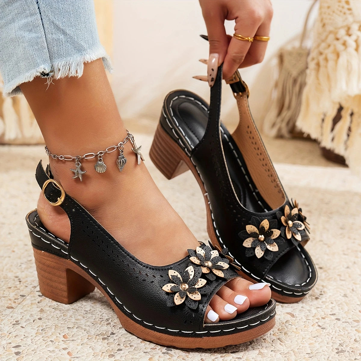Haisley | Sandals Floral Slingback Block Heel