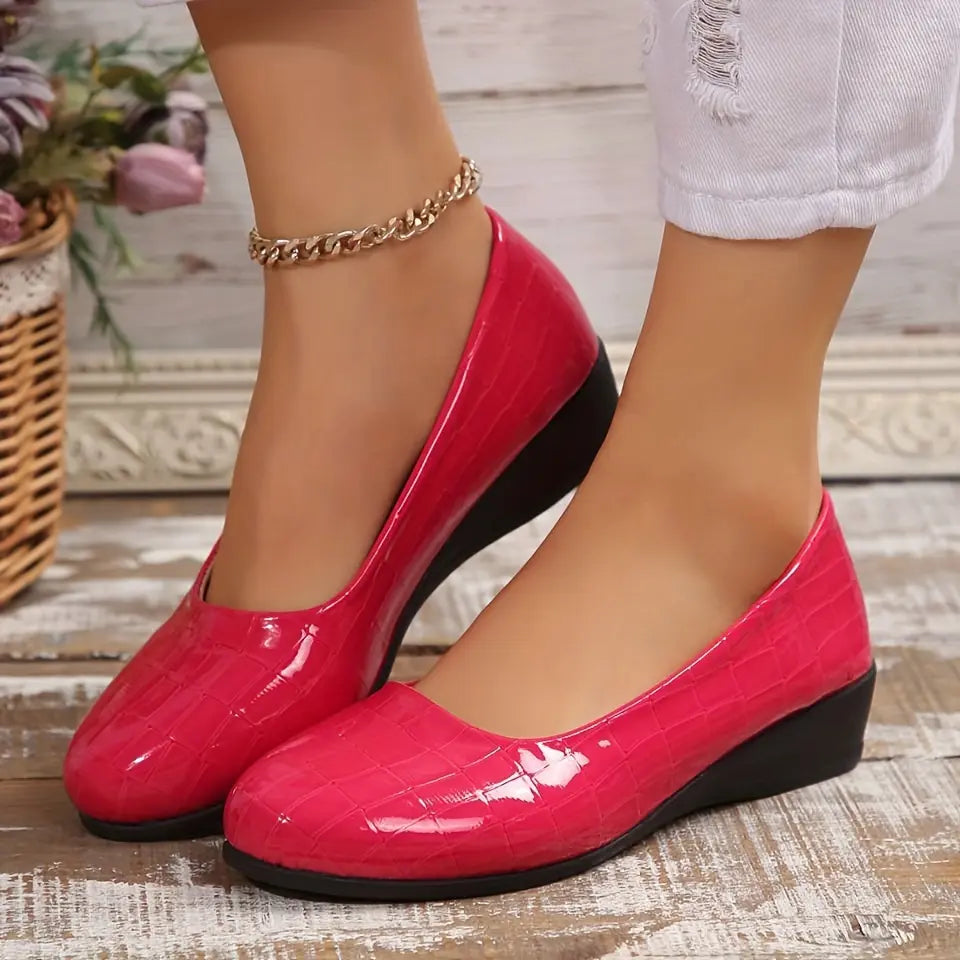 Rebekah - Wedge Heel Croc Pattern Court Shoes