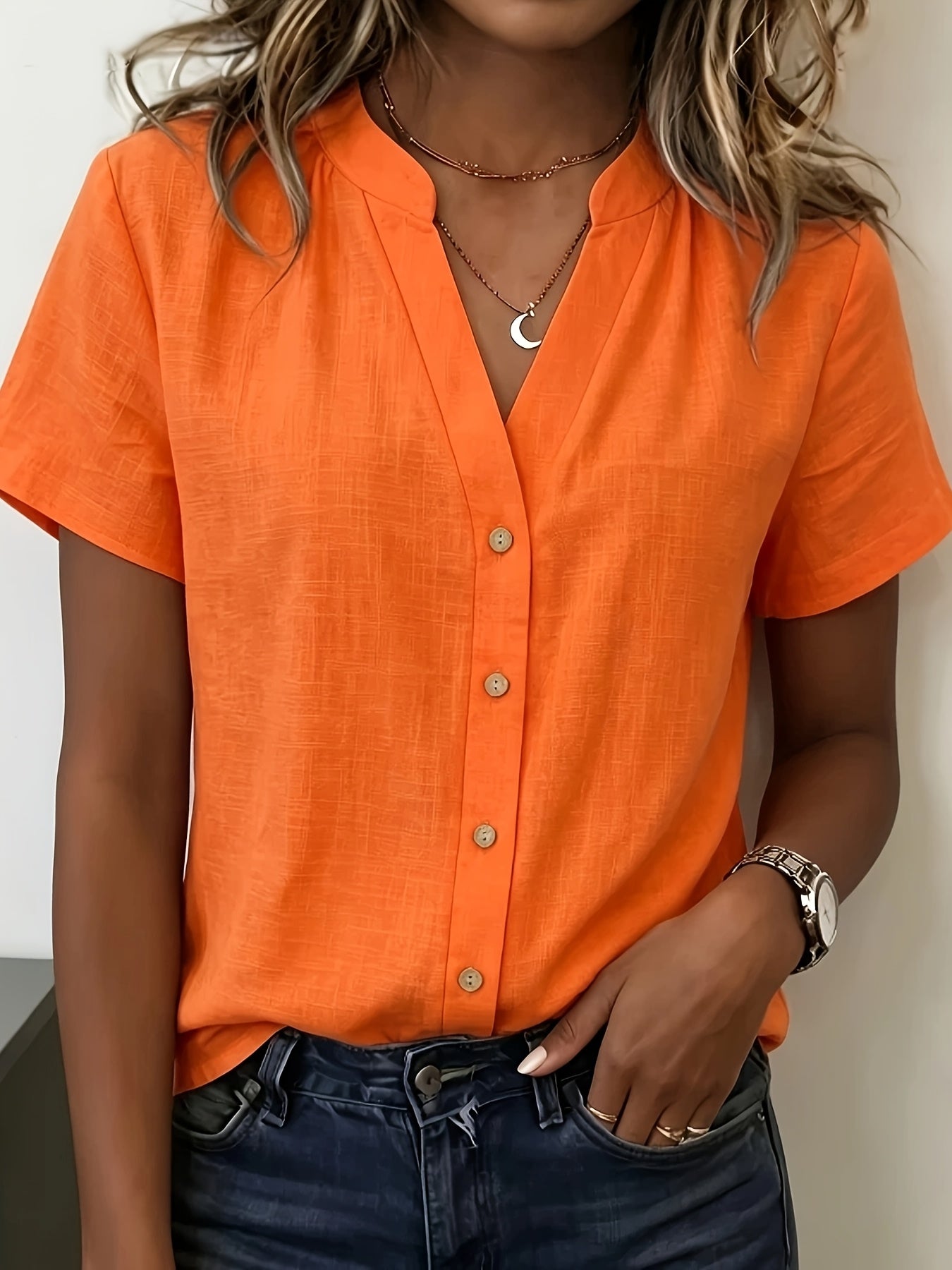 Salish | Short Sleeve Button Front V Neck Blouse