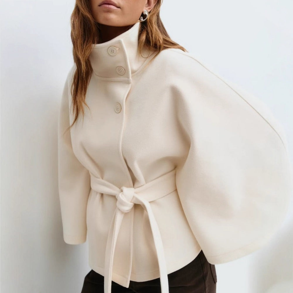Araceli | Belted Cape Jacket High Neck Button Front