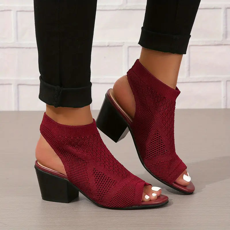 Velina | Black Knitted Peep Toe Block Heel Sandals