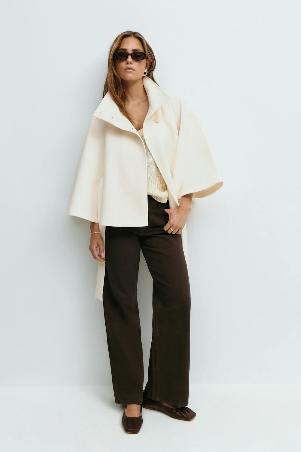 Ankica | Belted Cape Coat High Collar Button Front