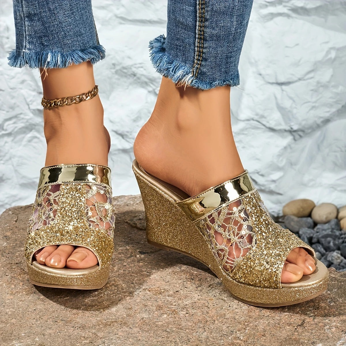 Alexis | Wedge Sandals With Lace Glitter Panel