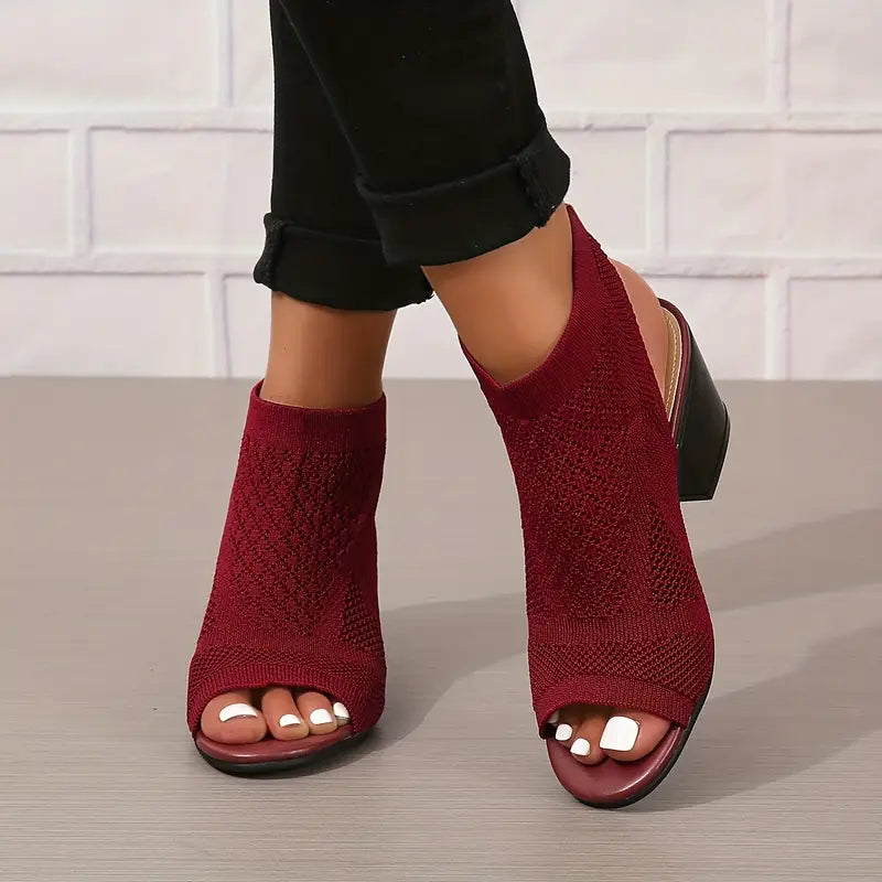 Velina | Black Knitted Peep Toe Block Heel Sandals