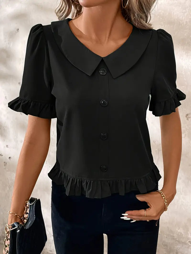 Foteini - Short Sleeve Ruffle Hem Button Blouse