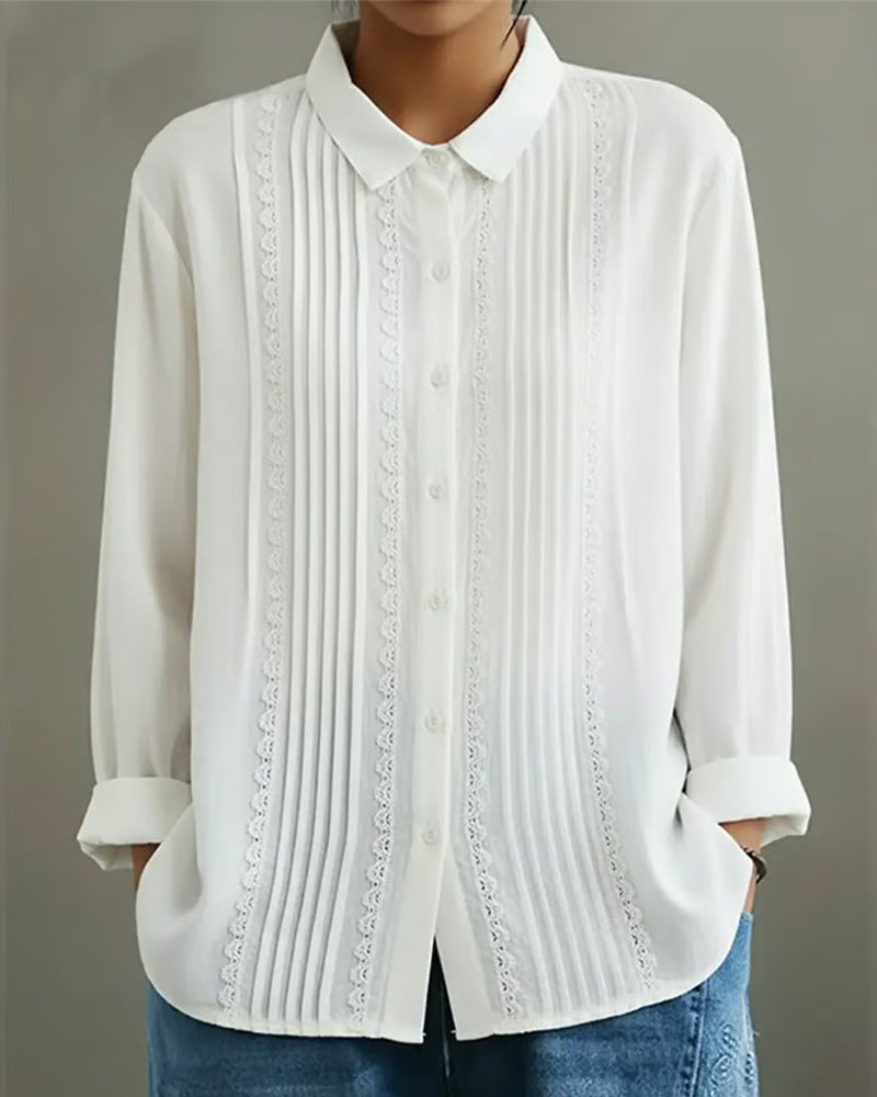Tzurya | Long Sleeve Pleated Lace Panel Blouse