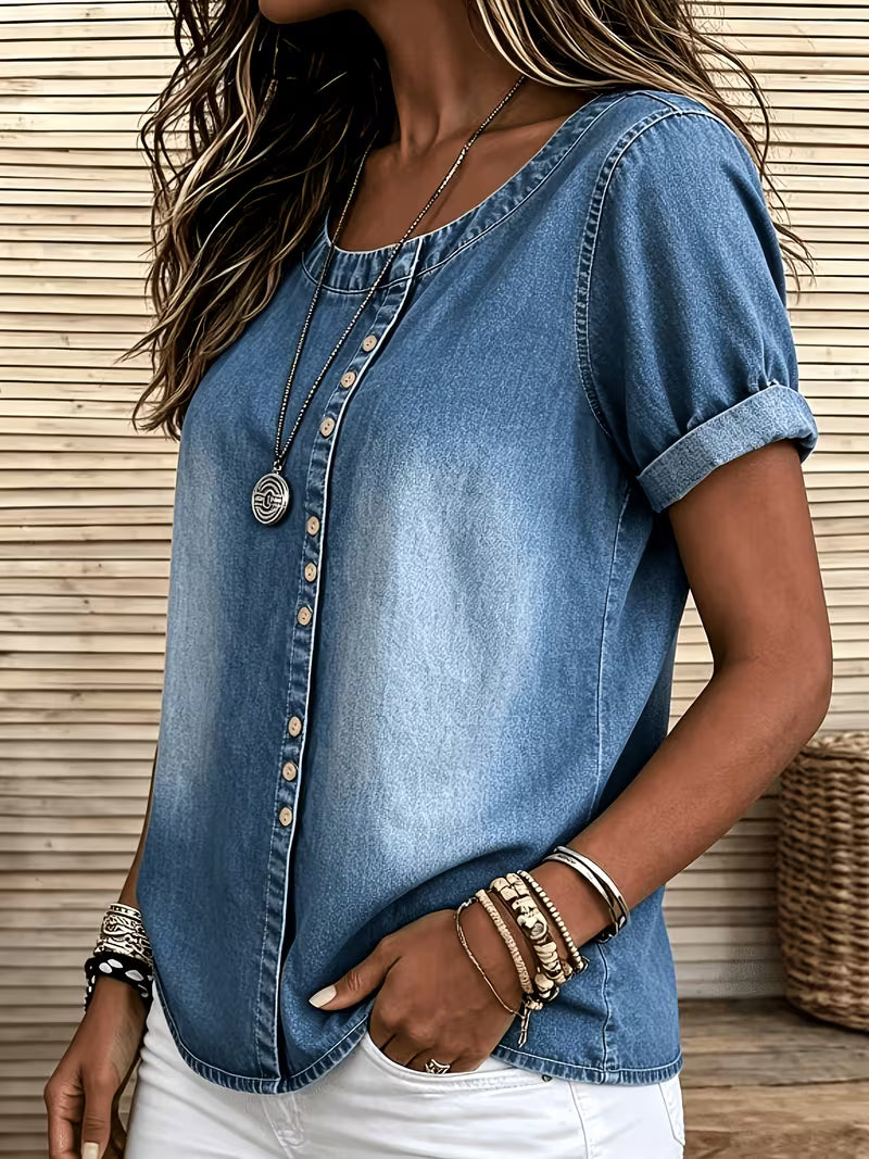 Ferina | Denim Style Short Sleeve Button Top
