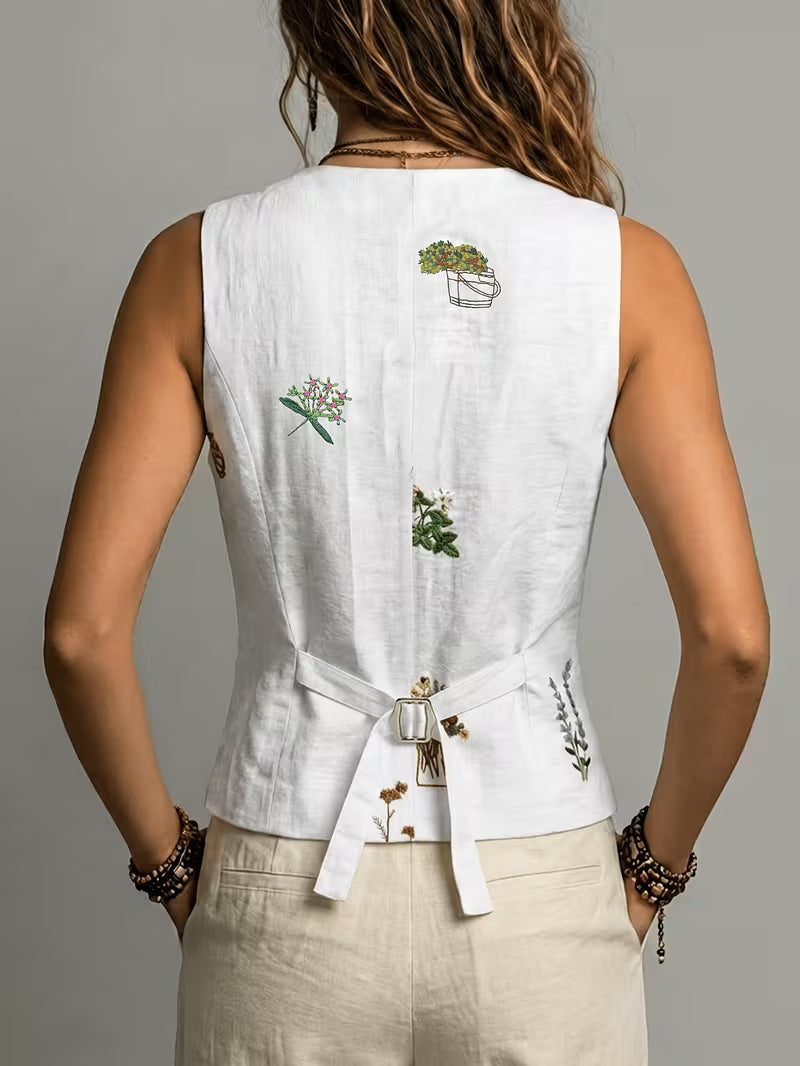 Elena | Embroidered Sleeveless Linen Vest