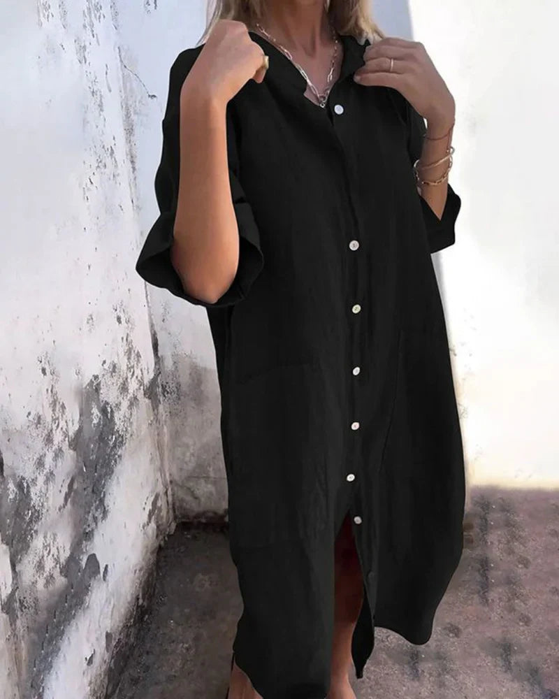 Aguilera | Oversized Button Front Midi Shirt Dress