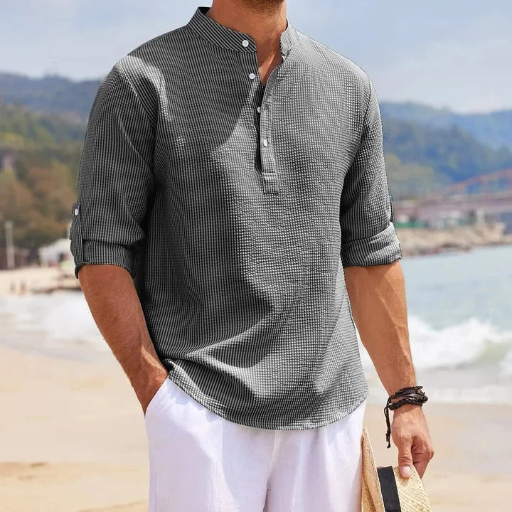 Tjeerd | Textured Grandad Collar Roll Sleeve Shirt
