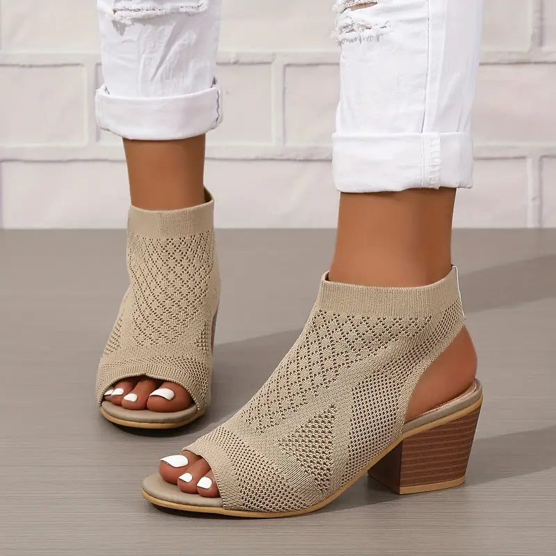 Velina | Black Knitted Peep Toe Block Heel Sandals