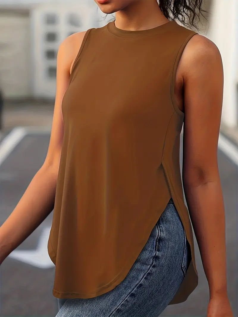 Desirae | Sleeveless Round Neck Curved Hem Top