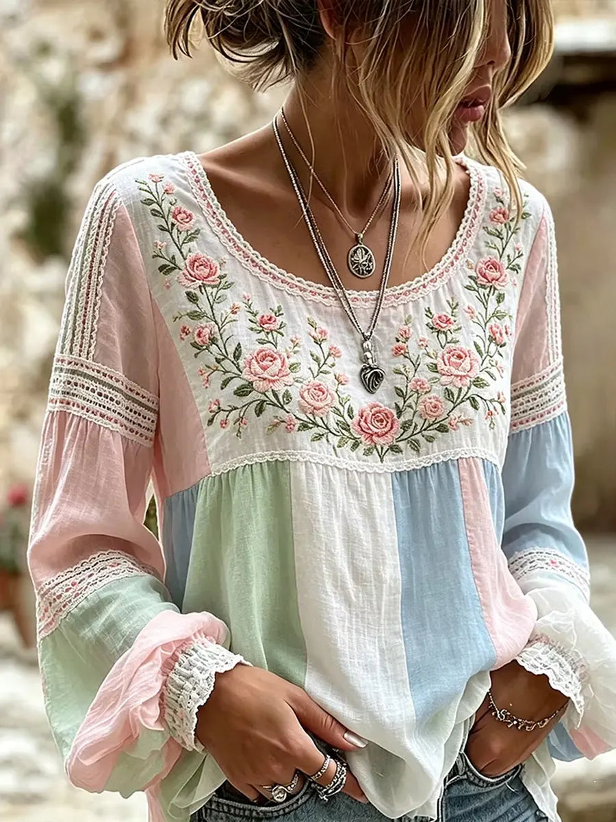 Esraa | Floral Embroidered Lace Trim Blouse