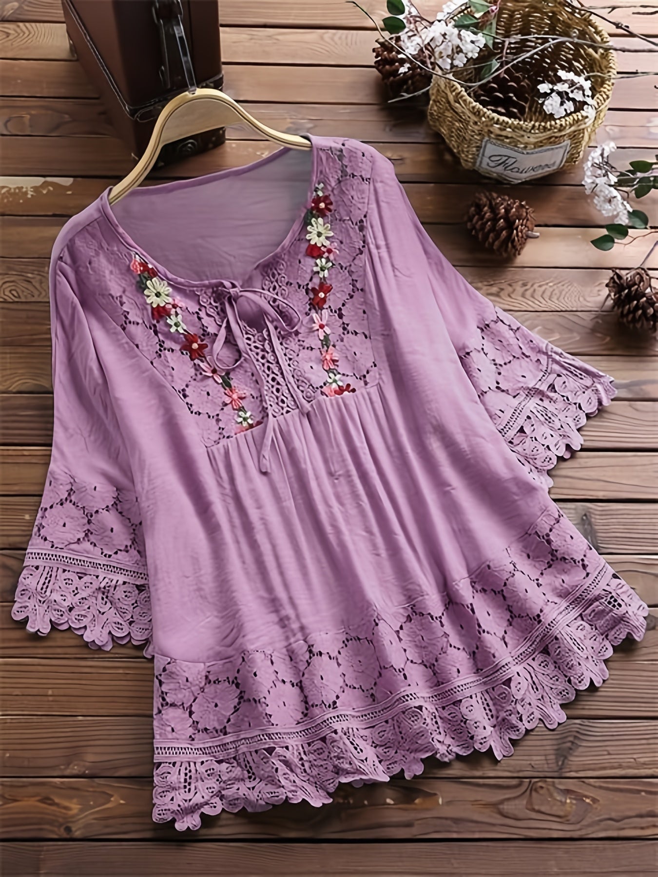 Esmeralda | Lace Trim Embroidered Tie Neck Blouse