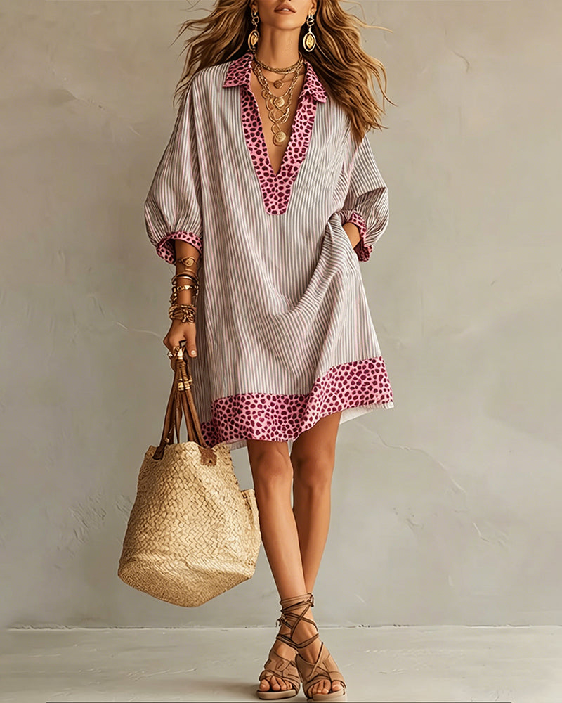 Marget | Striped V Neck Puff Sleeve Dress