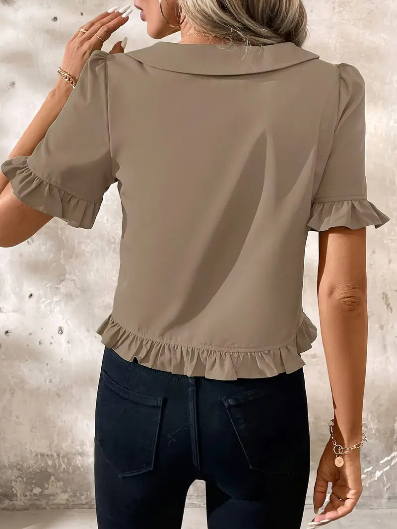 Foteini - Short Sleeve Ruffle Hem Button Blouse