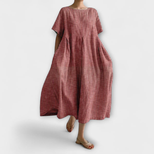 Nurhan | Checked Short Sleeve Midi Smock Dress
