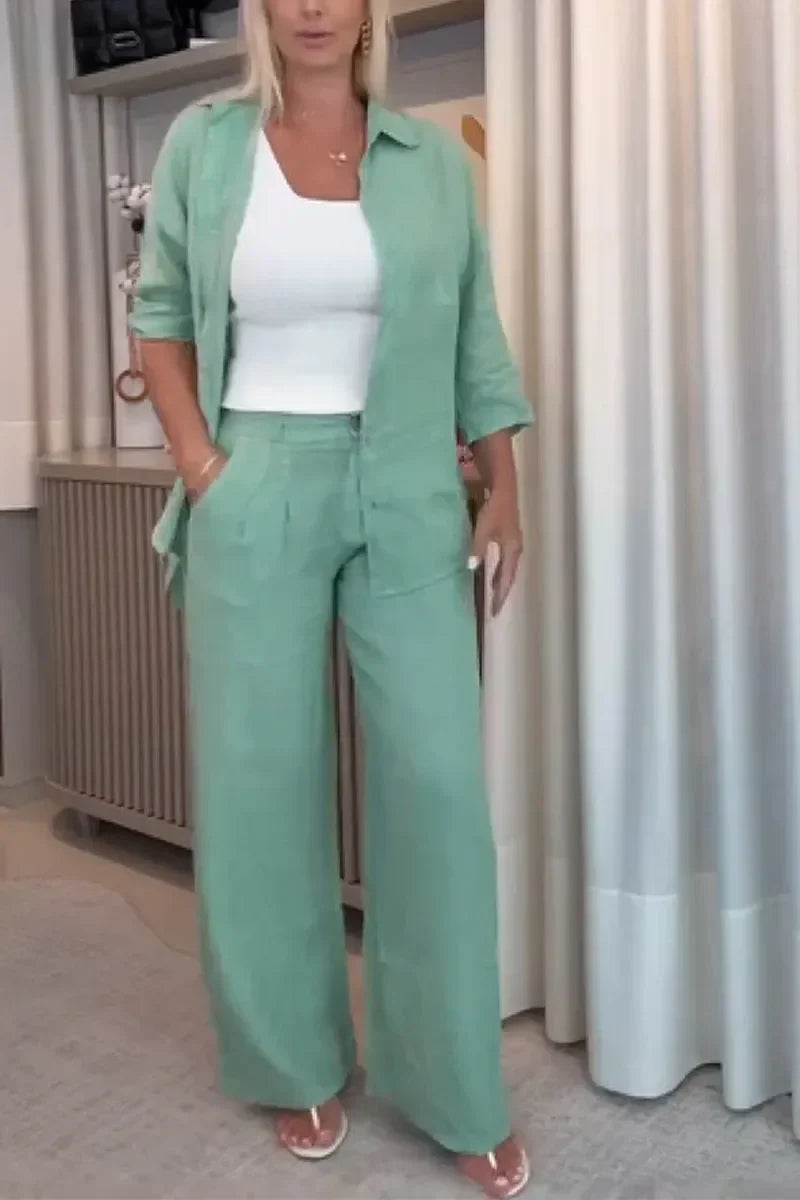 Methme | Green Linen Shirt Trouser Set