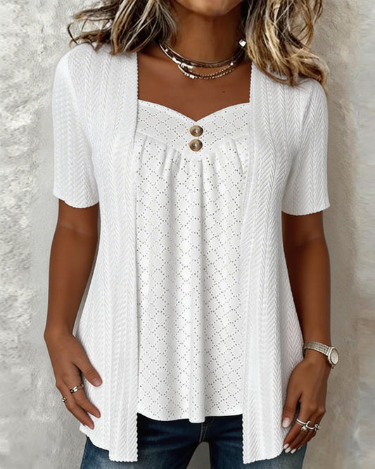 Shilina | Patchwork Square Neck Short Sleeve Blouse