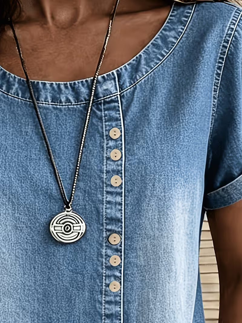 Ferina | Denim Style Short Sleeve Button Top