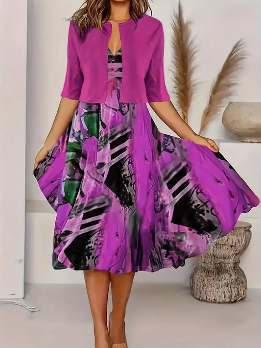 Vainoana | Printed Midi Dress with Open Front Jacket