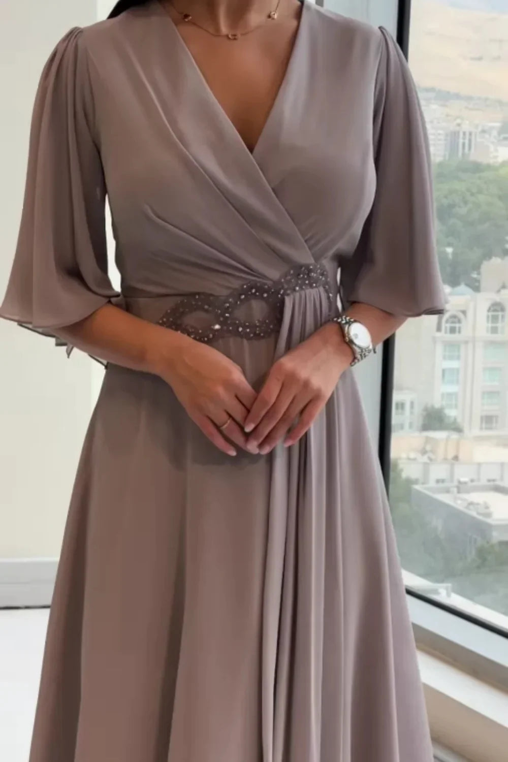 Bhagya - Long Chiffon Dress With V Neckline