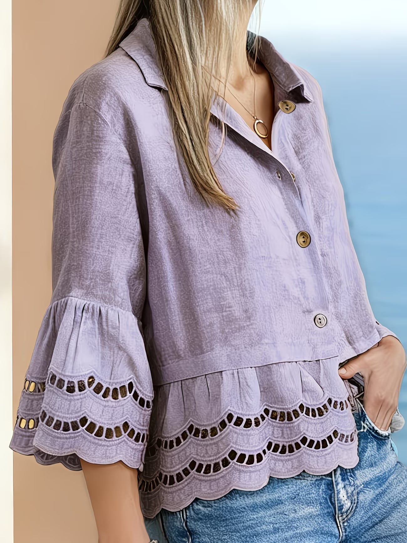 Solenn | Long Sleeve Lace Trim Button Blouse