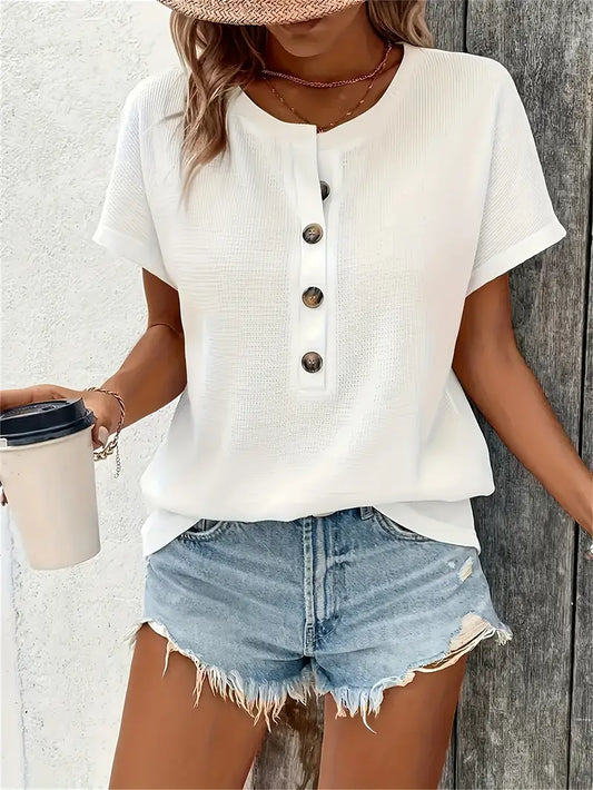 Marylou | Short Sleeve Crew Neck Button Top