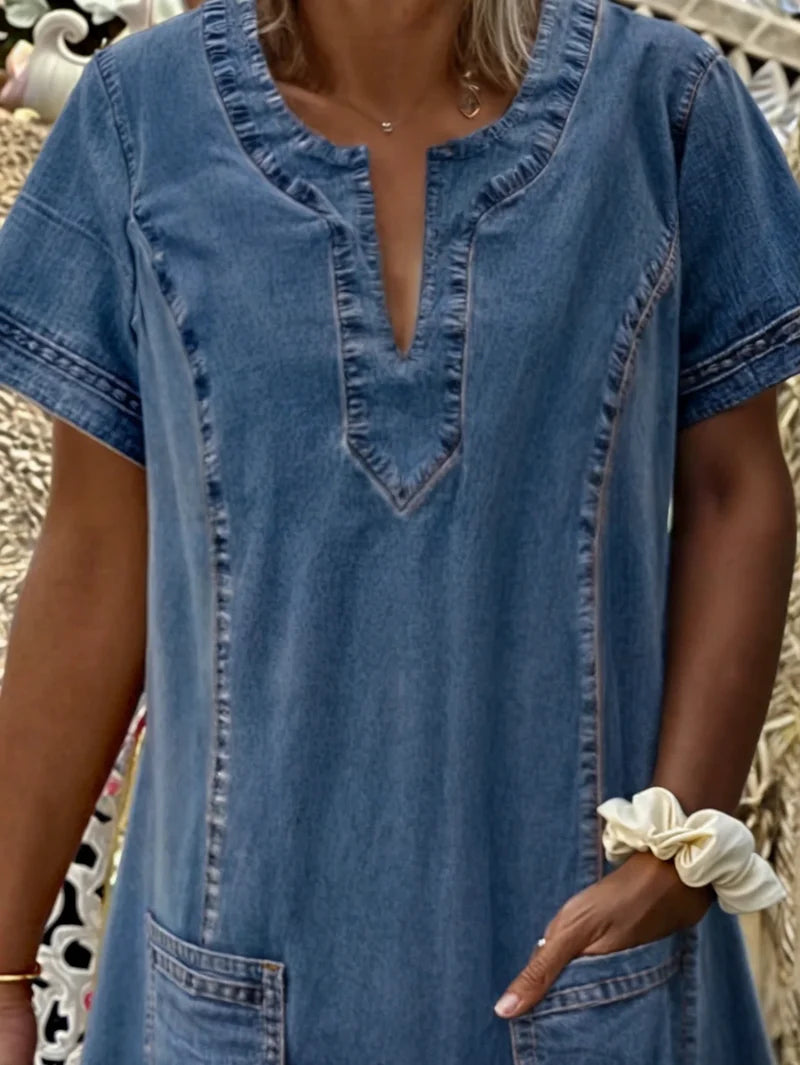 Polixeni | Denim Style Short Sleeve Pocket Dress