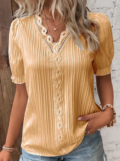 Madelen | V Neck Lace Trim Pleated Blouse