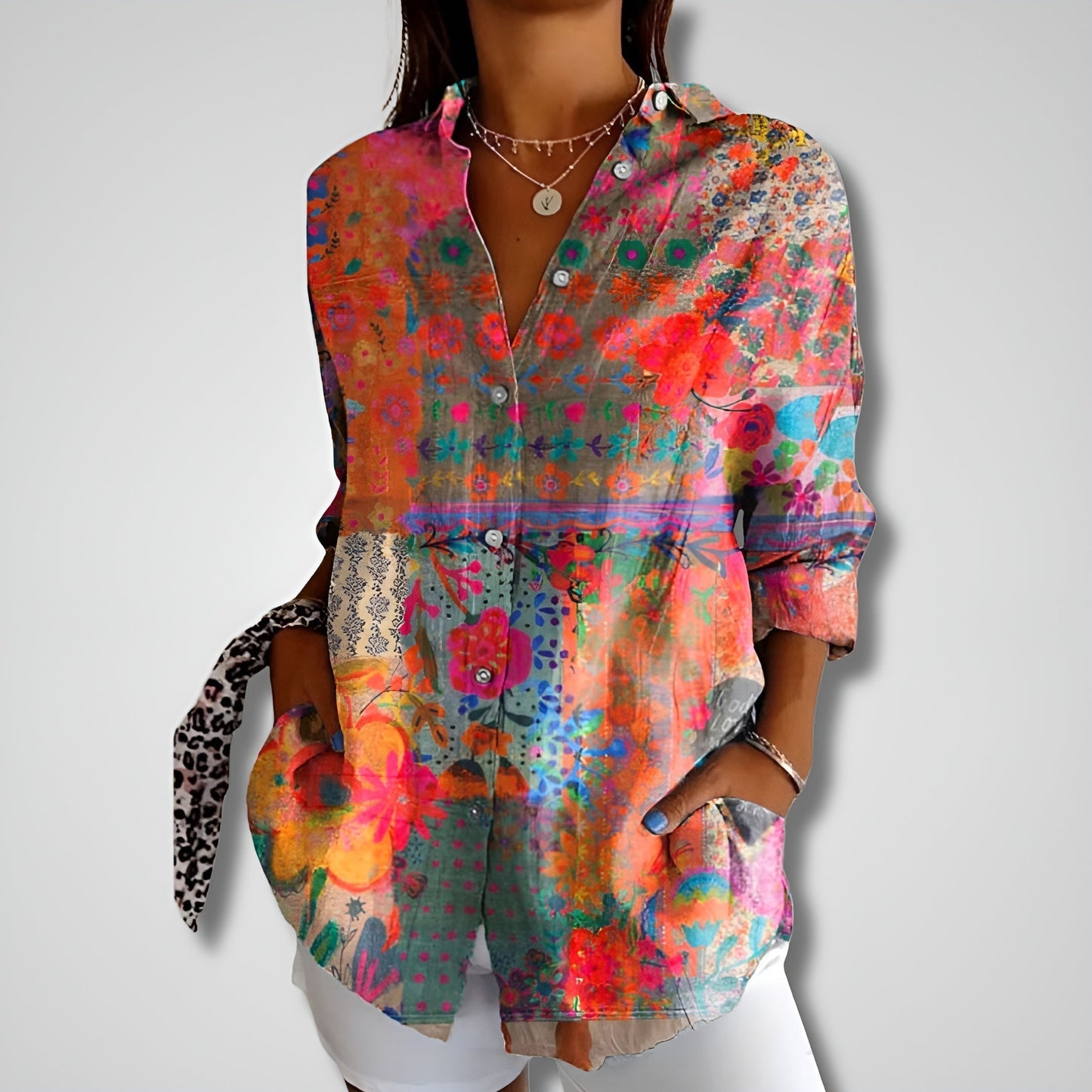Shalom | Printed Long Sleeve Button Front Blouse