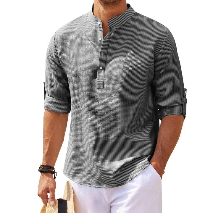 Tjeerd | Textured Grandad Collar Roll Sleeve Shirt