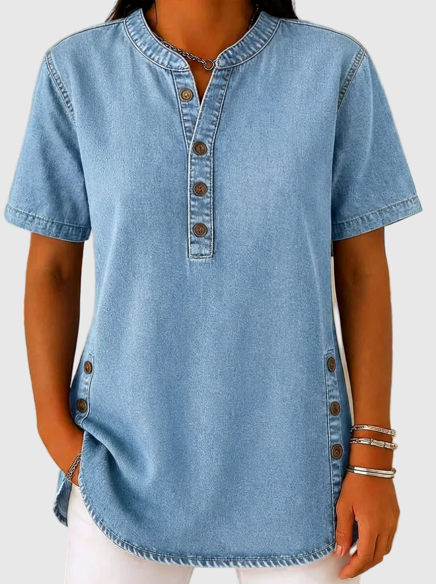 Julina | Denim Henley Short Sleeve Shirt