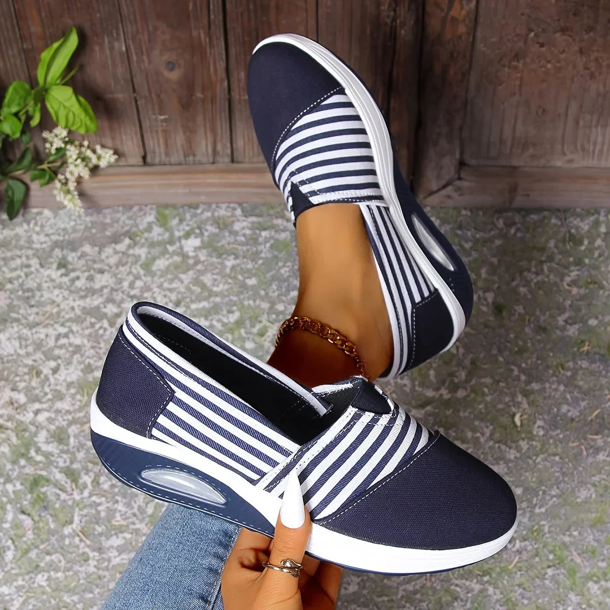 Tasha - Striped Slip On Wedge Trainers