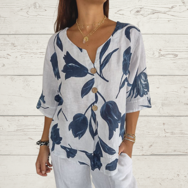 Despoina | Floral Linen V-Neck Button Blouse