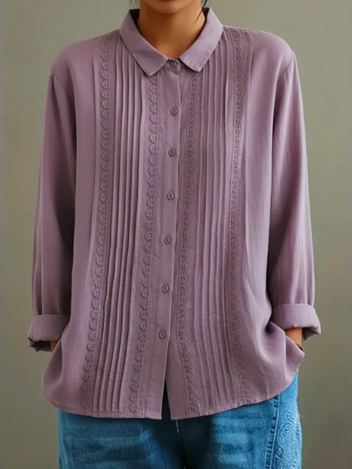 Tzurya | Long Sleeve Pleated Lace Panel Blouse