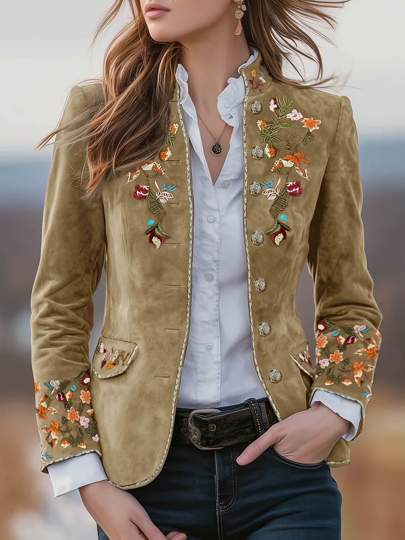 Anisaa | Embroidered Long Sleeve Stand Collar Jacket