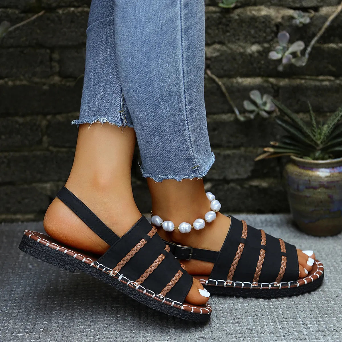 Samela | Braided Strap Buckle Flat Sandals