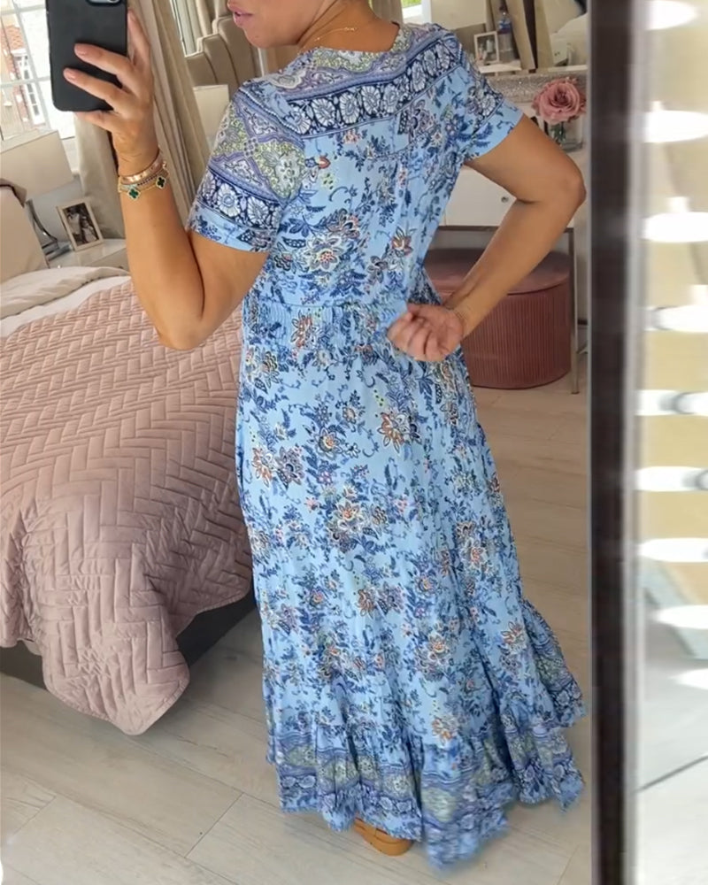 Wibia | Floral Print V-Neck Button Front Midi Dress With Short Sleeves